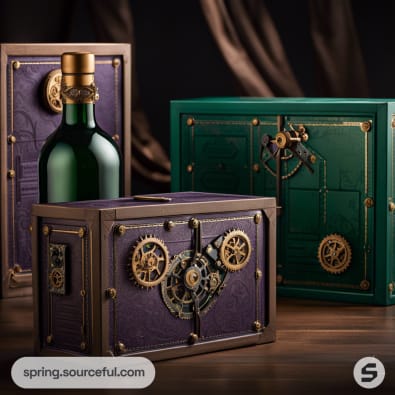 Steampunk-style boxes with gears and green wine bottle on dark background.