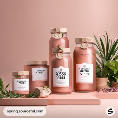 Five glass jars with pink drinks and wooden lids, plants in the background on a pink surface.