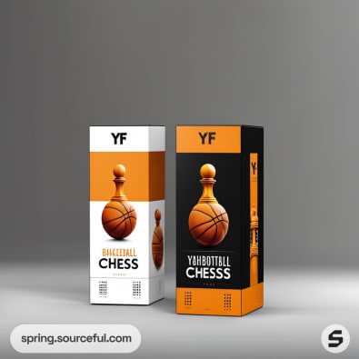 Two cartons featuring basketball-shaped chess pieces design.