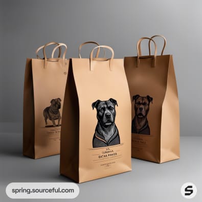 Brown paper bags with dog illustrations and looped handles.