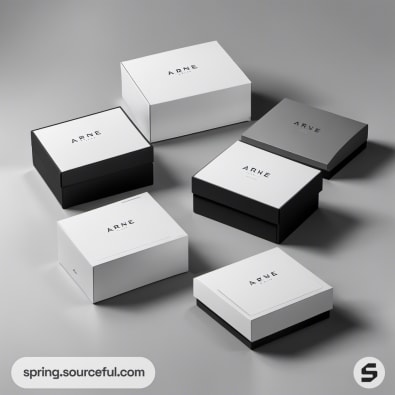 Stack of white and black square boxes with sleek design.