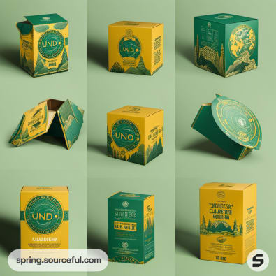 Set of nine green and yellow boxes with plant designs.