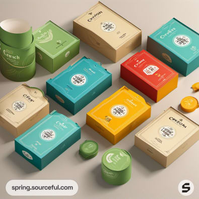 Assorted packaging boxes in earthy tones and cylindrical containers, with illustrations and text.