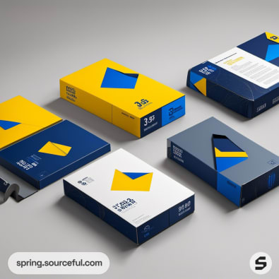 Flat rectangular packaging in blue and yellow with abstract patterns.