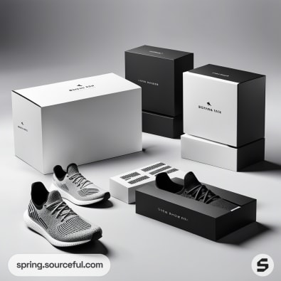 Monochrome shoe packaging with white and black boxes and sleek running shoes on a gray surface.