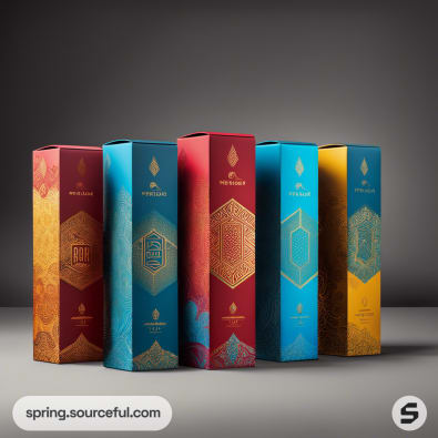 Colorful tall boxes with intricate geometric patterns in red, blue, and yellow, standing in a row.