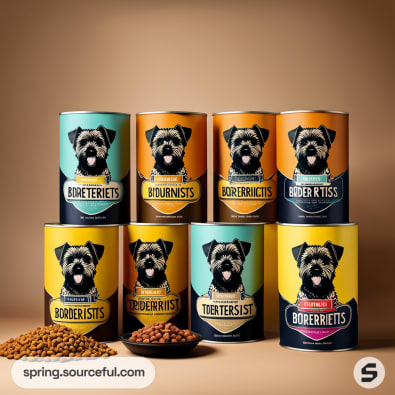 Colorful canned pet food with terrier images stacked in pyramid.