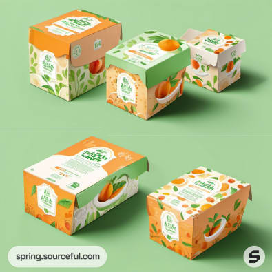 Green and peach-colored boxes with leaf and fruit designs on a green surface.