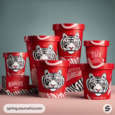 Assorted red ice cream tubs featuring tiger illustrations and playful text.