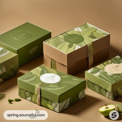 Green and beige gift boxes with leaf patterns and round seals on a light background.