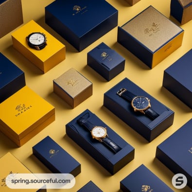 Assorted luxury watch boxes in blue and gold hues on a yellow surface.