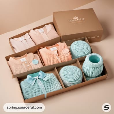 Baby clothing sets in peach and mint crochet boxes.