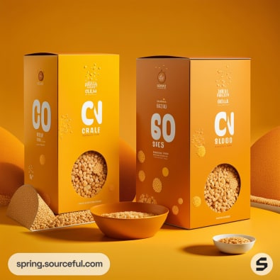Golden cereal boxes with round viewing windows on a vibrant orange background.