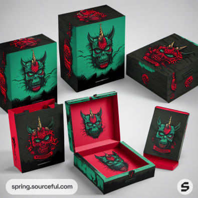 Colorful mailer boxes with green and red demon illustrations, featuring a horned skull on the lids and sides.