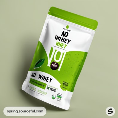 Resealable pouch with green and white design, labeled 'No Whey' with leaves illustration.