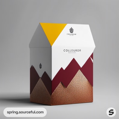 Artistic box with a mountain graphic in burgundy and yellow.