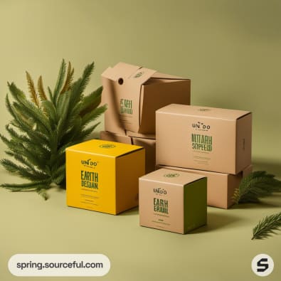 Sustainable cardboard boxes in natural colors, surrounded by green foliage on a muted green backdrop.