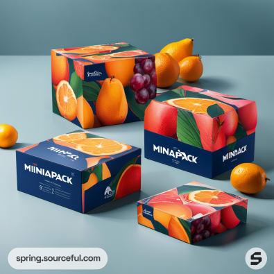 Orange-themed packaging with bold fruit graphics on small mailer boxes.