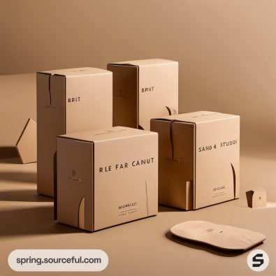 Four tall cardboard boxes with elegant minimal lettering on a neutral background.