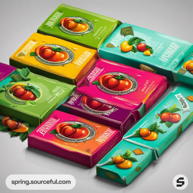 Colorful fruit-themed chocolate bar boxes in gradient arrangement.