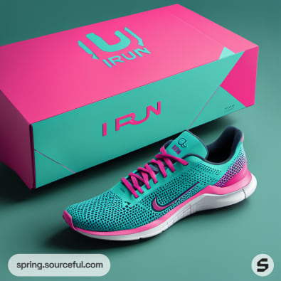 Teal running shoe with pink accents next to a matching pink and teal shoe box.