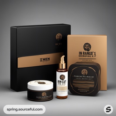 Black and gold men's grooming kit with bottles and boxes.