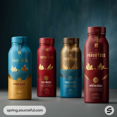 Four protein shake bottles with elegant labels in red, blue, and gold colors against a dark gradient backdrop.