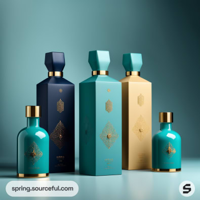 Assorted blue and gold decorative bottles against a teal background.