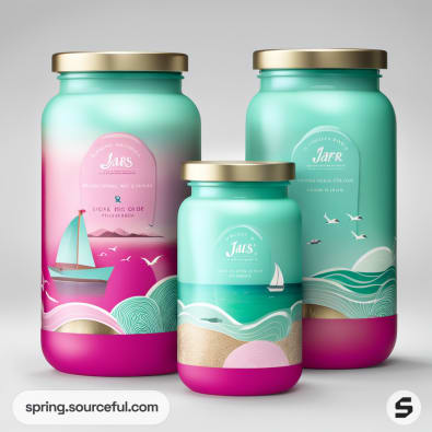 Gradient-toned jars with nautical and wave designs, featuring boats and ocean motifs, set on a light background.