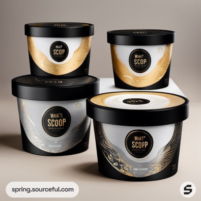 Variety of tubs with black, gold, and white design accents.