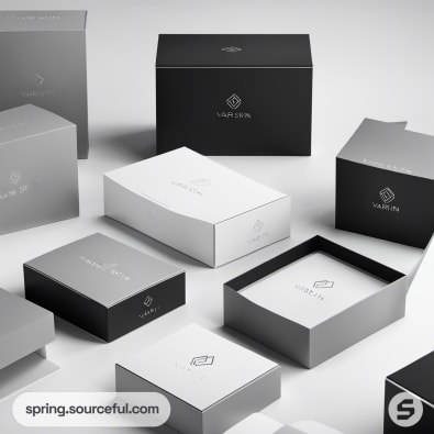 Gray and black packaging boxes with open lids and minimal text.