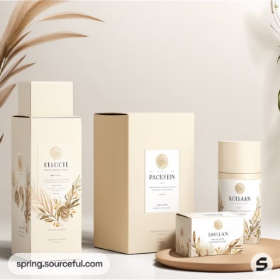 Beige skincare packaging with floral design, including tall boxes and jars, on a light surface.