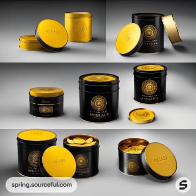 Black and gold round tins with stacked lids design