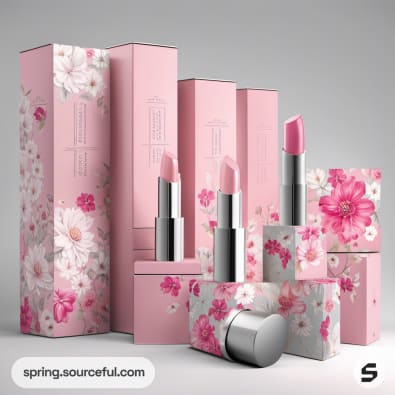 Lipsticks with floral patterned boxes in pink and white tones.