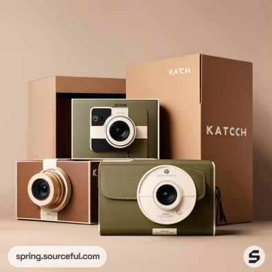 Retro cameras with packaging in neutral tones and box styles.