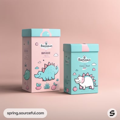 Two colorful product boxes featuring dinosaur illustrations and floral patterns.