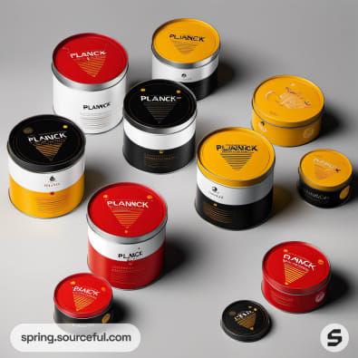 Assorted round tins with vibrant colors and labels, featuring black, red, and orange designs.