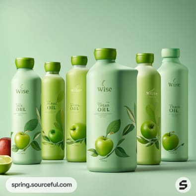 Assorted green oil bottles with apple motifs on soft green.