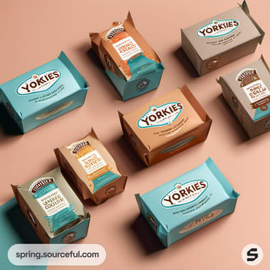 Assorted snack boxes labeled 'Yorkies' in various colors.