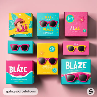 Collection of vibrant packaging with sunglasses design on a pink backdrop.