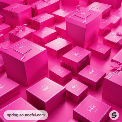 Assorted pink gift boxes with various sizes on pink background.