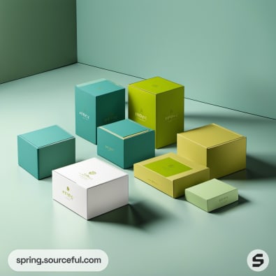 Assorted green and white rectangular boxes with elegant typography against a gradient green backdrop.