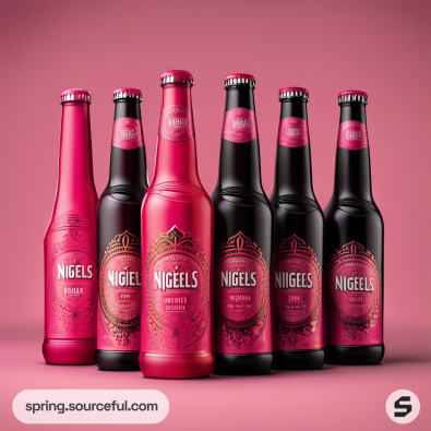 Assorted pink and black bottles with ornate labels on pink backdrop.