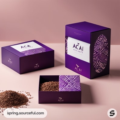 Purple and white acai packaging featuring intricate patterns and grains.