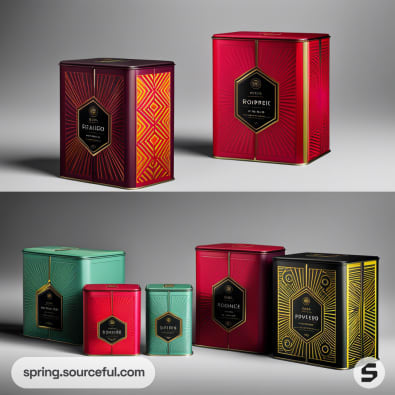 Elegant tins with geometric patterns and labels on grey background.