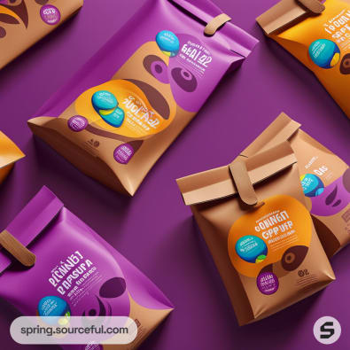 Colorful snack packaging with brown and purple resealable pouches on a purple background.