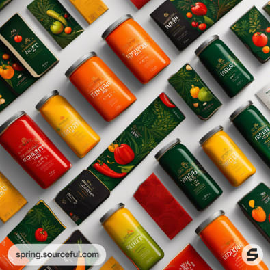 Colorful vegetable-themed cans on patterned paper background.