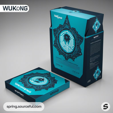 Turquoise and black ornate box packaging on gray surface.
