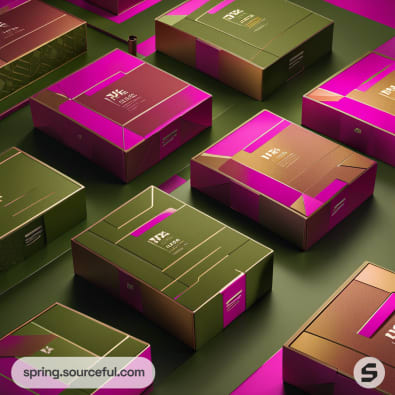 Geometric green and pink packaging boxes arranged on surface.