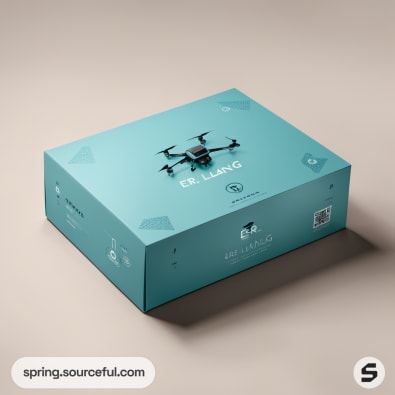 Teal square box with a drone image on top, beige background.